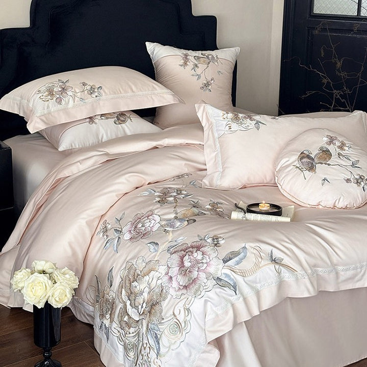 Bestickte florale & Liedvogel Luxus Baumwolle Bettbezug Set mit dekorativem runden Kissen
