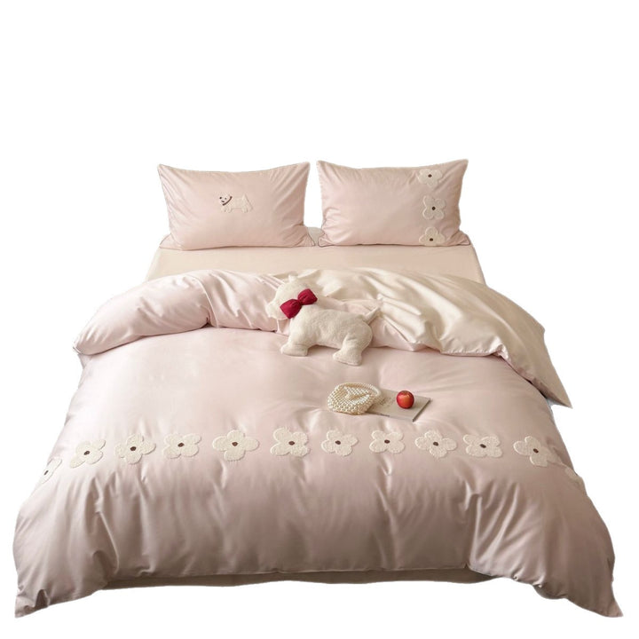 Wendbare Baumwollsatin-Bettbezuggarnitur mit applizierten Blumenmotiven und Hunde‑Applikation