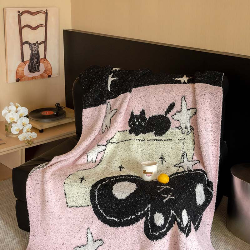 Extraweiche Chenille-Wohndecke mit Katzenillustration und Sternenrelief Karnz
