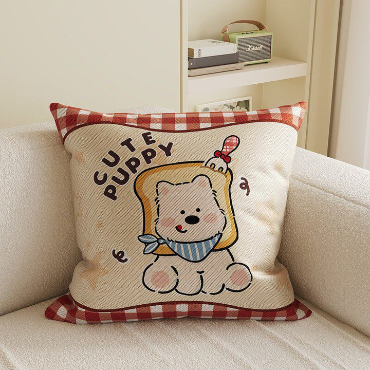 Cartoon Puppy Gingham Square Throw Pillow Cover with Hidden Zipper Linen-Blend Texture