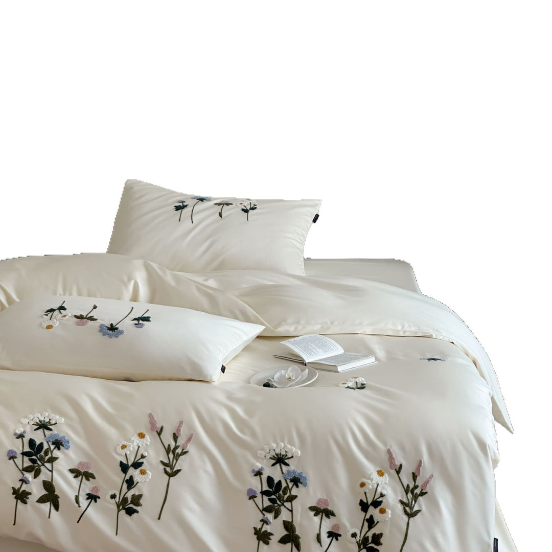 Bestickte Baumwollsatin-Bettgarnitur mit floraler Applikation und seidenweichem Griff