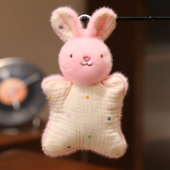 Plüsch-Hase Musselin-Decke mit Kunstfellkopf, sternförmiges Kuschelkissen & Aufhängeschlaufe Karnz