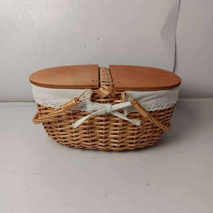 Damen Picknickkorb mit praktischem Holzdeckel und stilvollem Innenfutter Karnz
