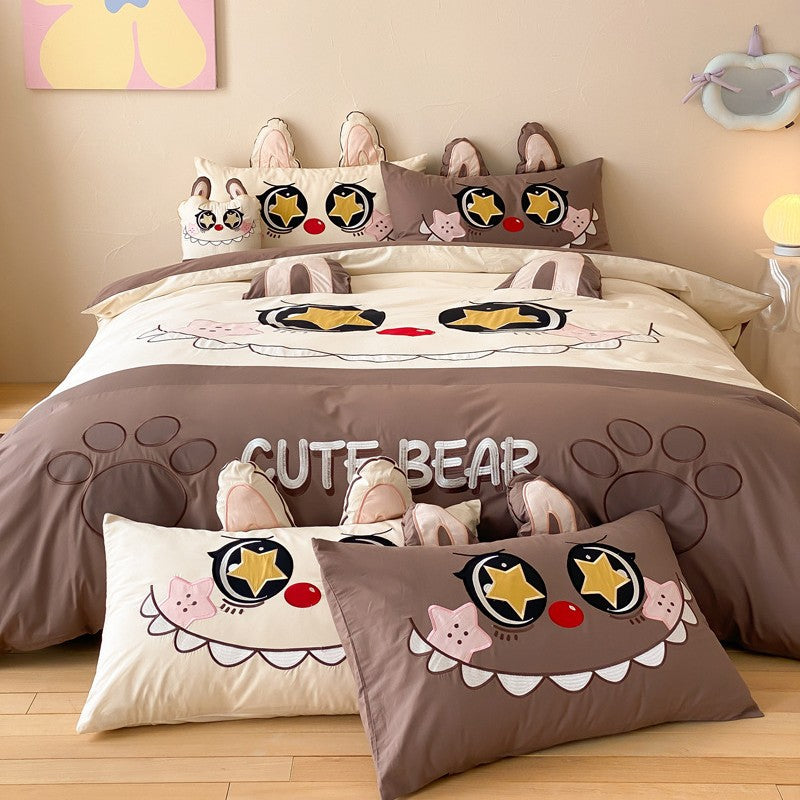 Kinder Cartoon Katze Baumwollsatin Bettbezug Set mit ohrförmigen Kissenbezügen und plüschigem Akzentkissen