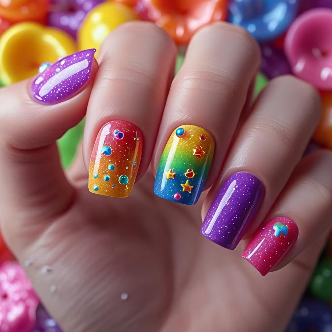Kreative Kunstnägel mit Funkelndem Regenbogen-Design und 3D-Applikationen Karnz