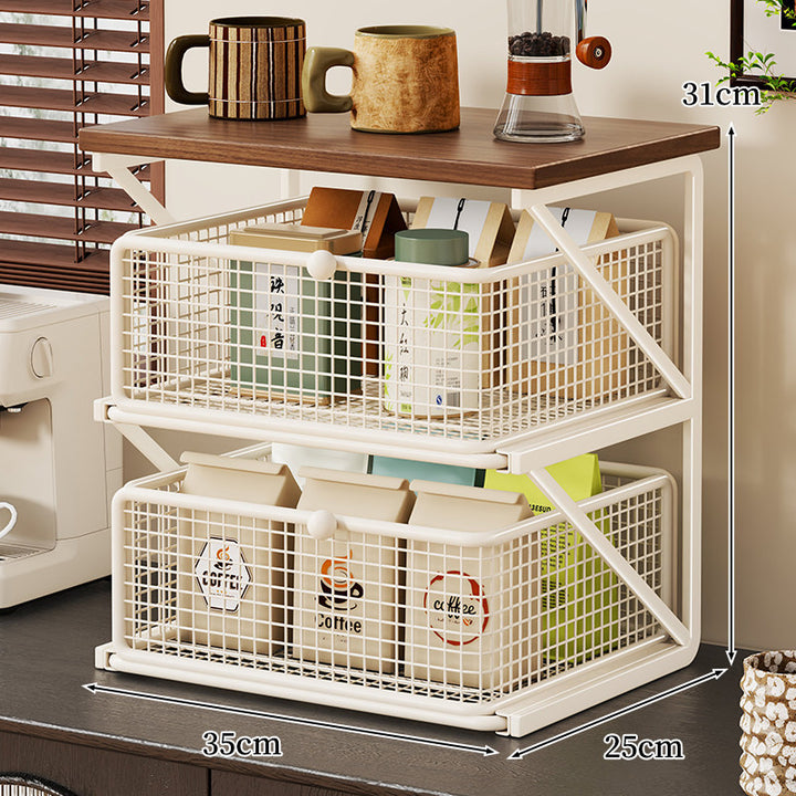 Küchenarbeitsplatte Kaffee Station Organizer mit Holzoberfläche und Metalldrahtkorb