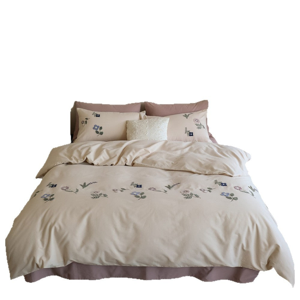 Bettwäsche-Garnitur aus Baumwollsatin mit floraler Stickerei