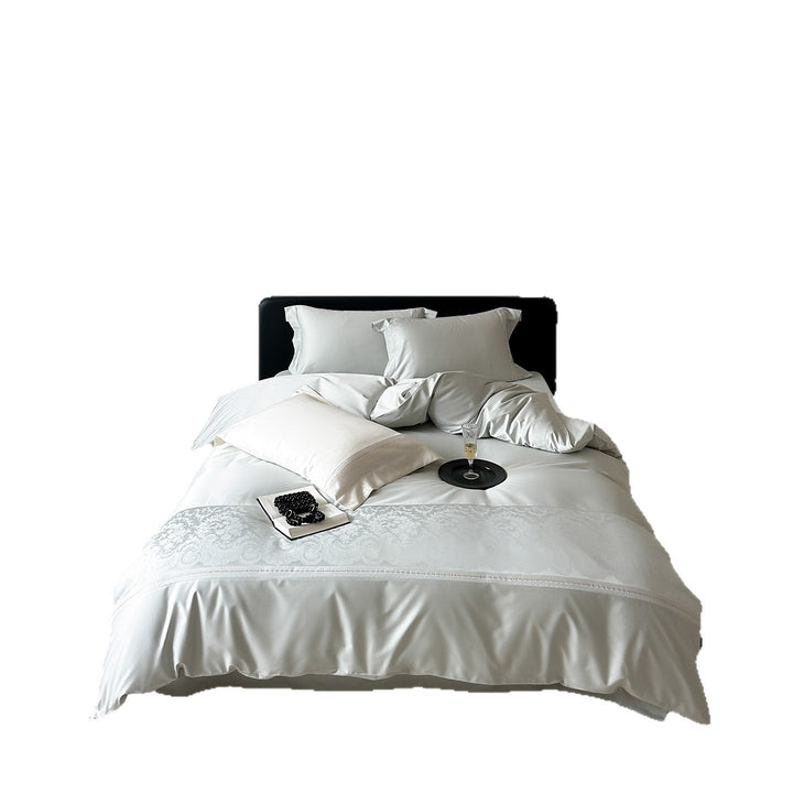 Seidenglattes Duvetbezug-Set aus Baumwollsatin mit dezenter Jacquard-Bordüre und Hotelverschluss