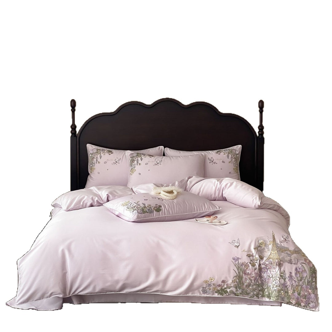 Elegante Baumwollsatin-Bettwäschegarnitur mit feiner Blumenstickerei und Paris-Motiv