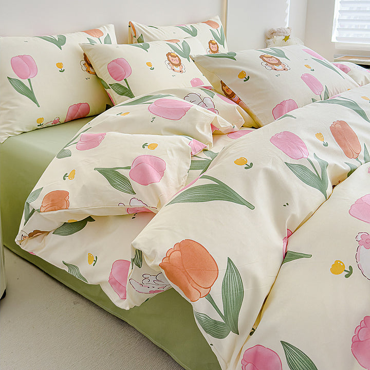 Rose-Print Baumwollsatin Bettbezug Ensemble mit hypoallergenem Daunenalternative Komforter