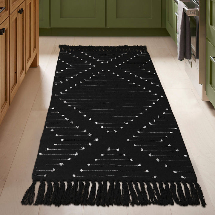 Gewebter Baumwoll-Teppichläufer mit Diamant-Jacquardmuster und Fransen Karnz