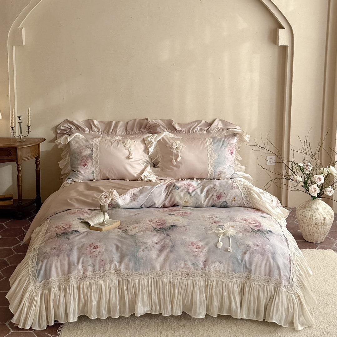 Satin-Bettwäsche-Set mit Blumendruck, Rüschen und Spitzenbesatz