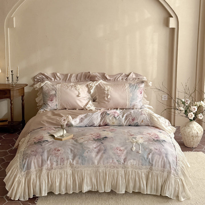 Satin-Bettwäsche-Set mit Blumendruck, Rüschen und Spitzenbesatz