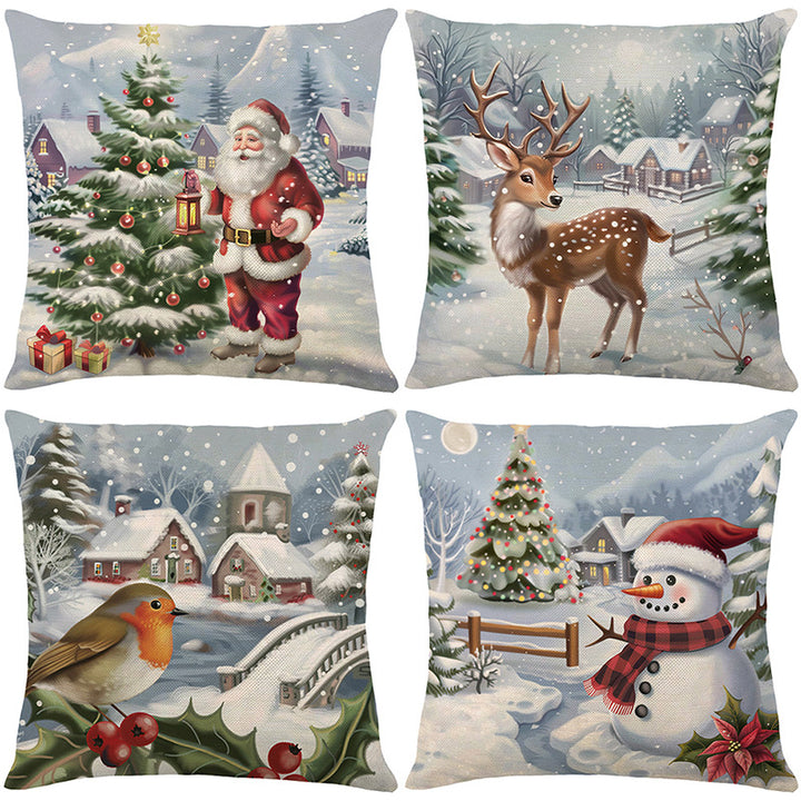 Festive Santa Laterne Dekorativer Baumwoll-Leinen Quadrat Kissenbezug mit Schneedorf Muster