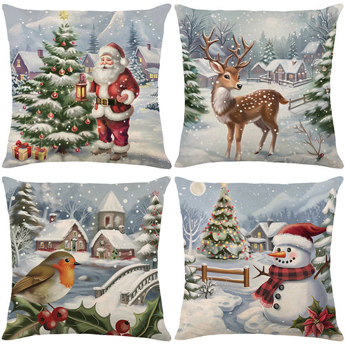 Festive Santa Laterne Dekorativer Baumwoll-Leinen Quadrat Kissenbezug mit Schneedorf Muster