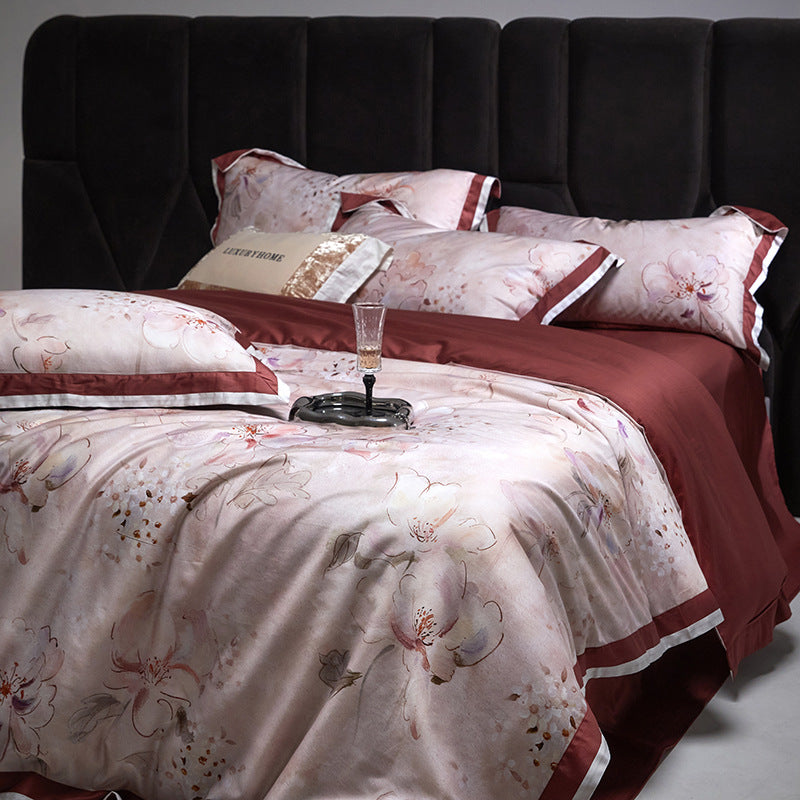 Fein gewebtes Satin-Bettwäsche-Set mit Aquarellblütenprint, Satinkante & Hotelverschluss