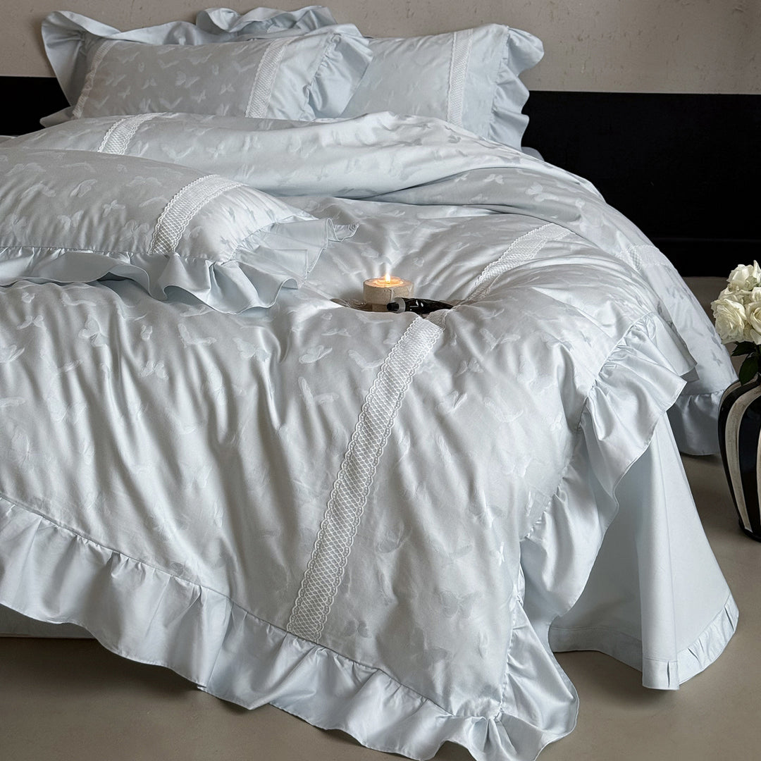 Rüschen Jacquard Schmetterlings Baumwollsatin Bettwäsche Set