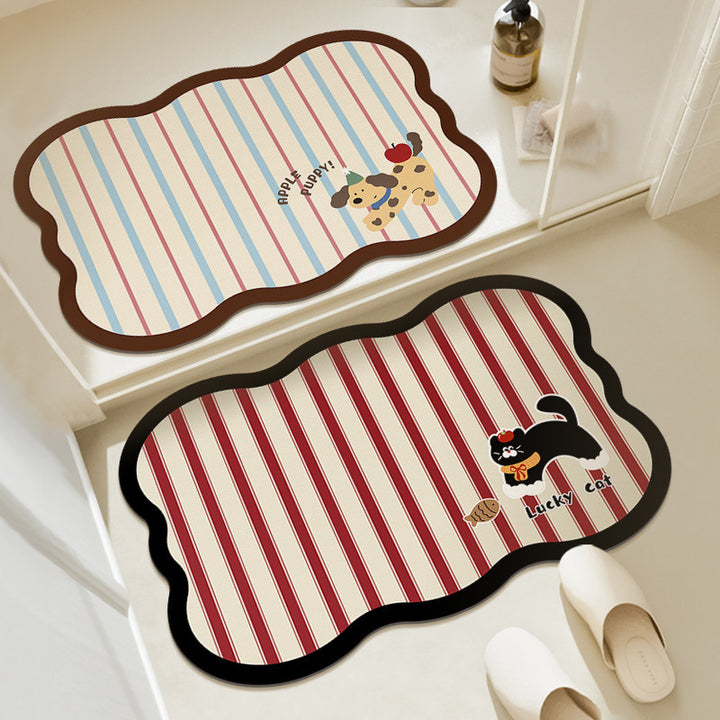 Decorative Scalloped Non-Slip Striped Bath Mat with Lucky Cat Print