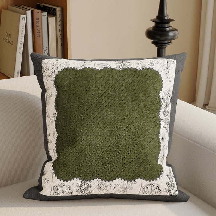 Quilted Square Decorative Pillow Cover with Scalloped Lace-Style Floral Center and Textured Contrast Border