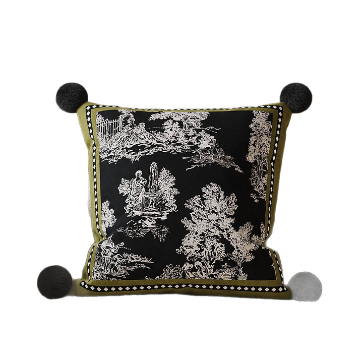 Square Decorative Toile Print Cushion Cover with Corner Pom-Pom Trims and Hidden Zipper