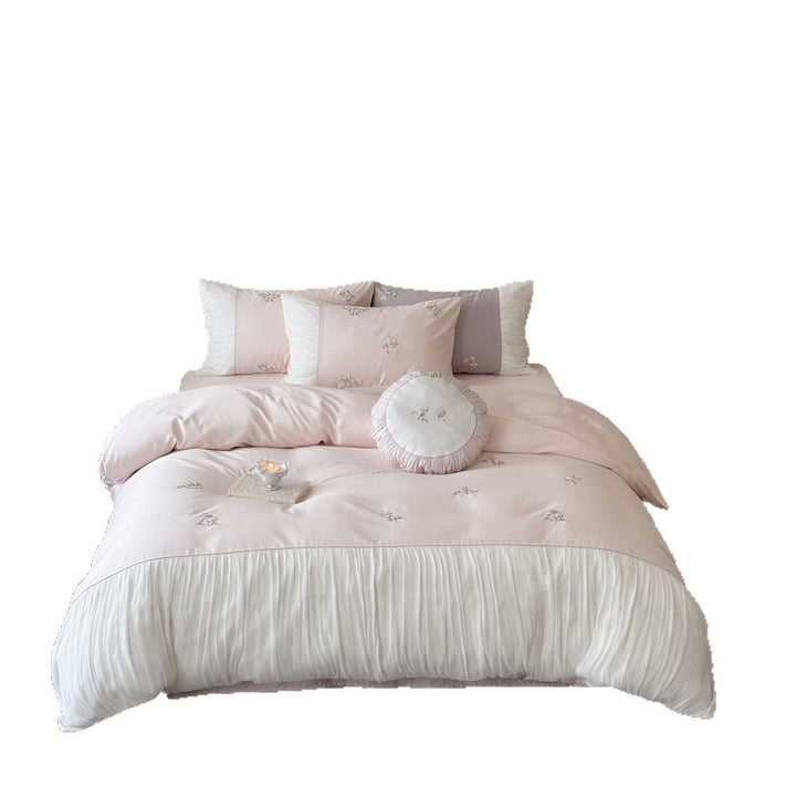 Besticktes romantisches plissiertes Baumwollsatin Bettbezug-Set