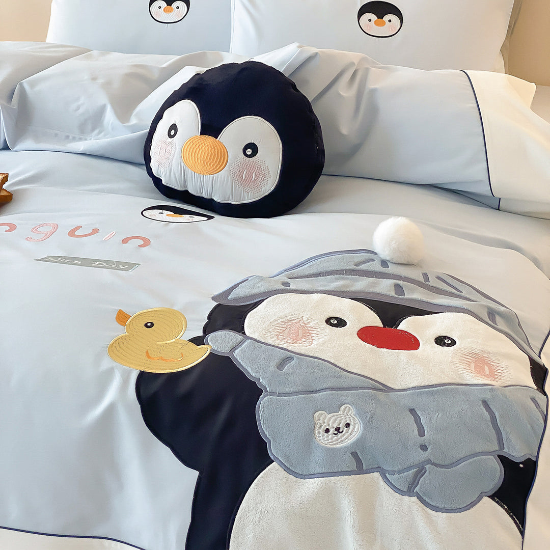 Kinderbettwäsche-Set mit Pinguin-Applikation und weicher Baumwollmischung