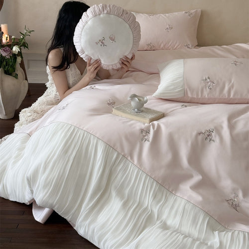 Besticktes romantisches plissiertes Baumwollsatin Bettbezug-Set