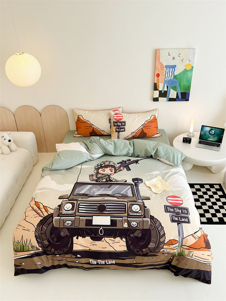 Kinder-Bettwäschegarnitur mit Offroad-Jeep Abenteuerillustration und weichem Baumwollmix