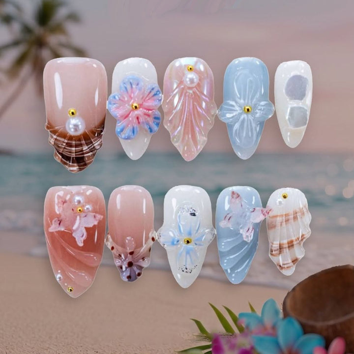 Künstlerisches, sommerlich inspiriertes Press-On-Nagelset