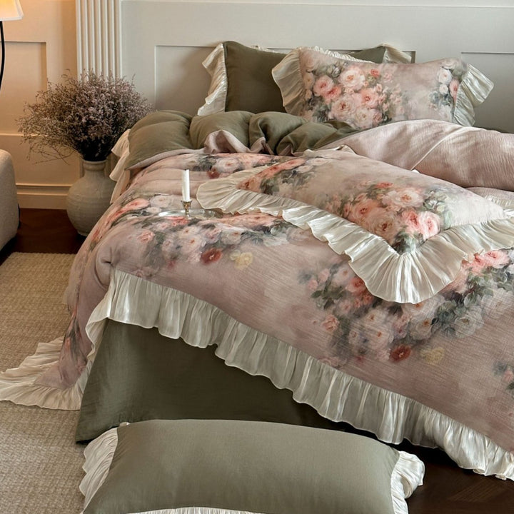Floral Ruffled Cotton-Linen Duvet Cover Set