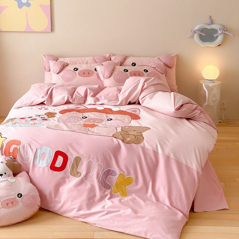 Kinder Cartoon Katze Baumwollsatin Bettbezug Set mit ohrförmigen Kissenbezügen und plüschigem Akzentkissen