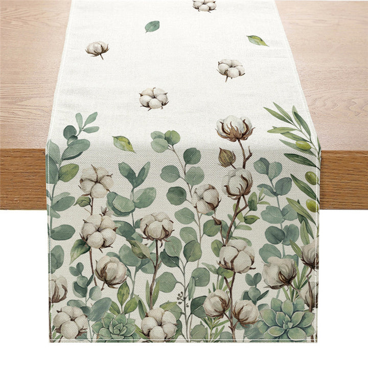 Dekorativer Leinenmischstoff-Tischläufer mit Aquarellblumen-Cascade und geometrischer Bordüre