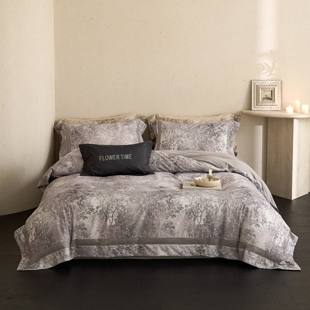 Luxus Wendbare Baumwollsatin Bettbezug Set mit Botanischem Toile Druck und Kontrastbordüre