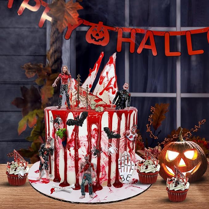 Gruseliges Halloween-Torten-Deko-Set mit Zombies, Schädeln und Acryl-Splittern