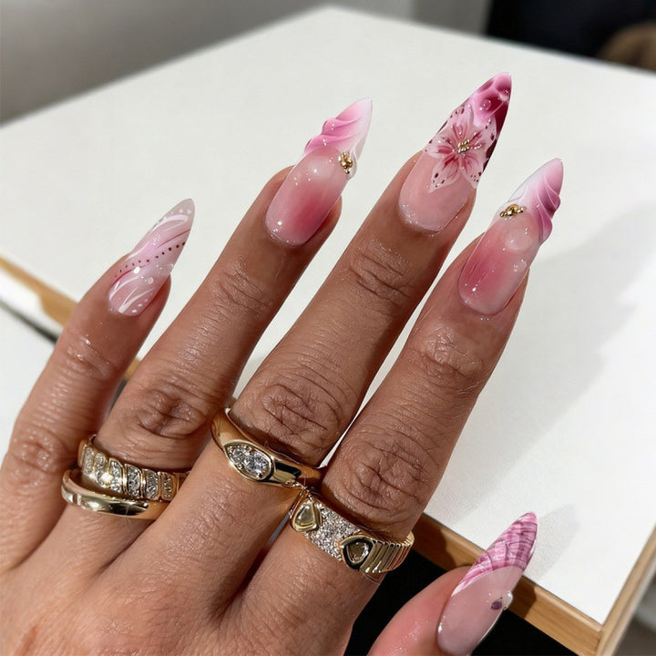 Künstlerisches 3D Blumen Acryl Press-On Nagelset