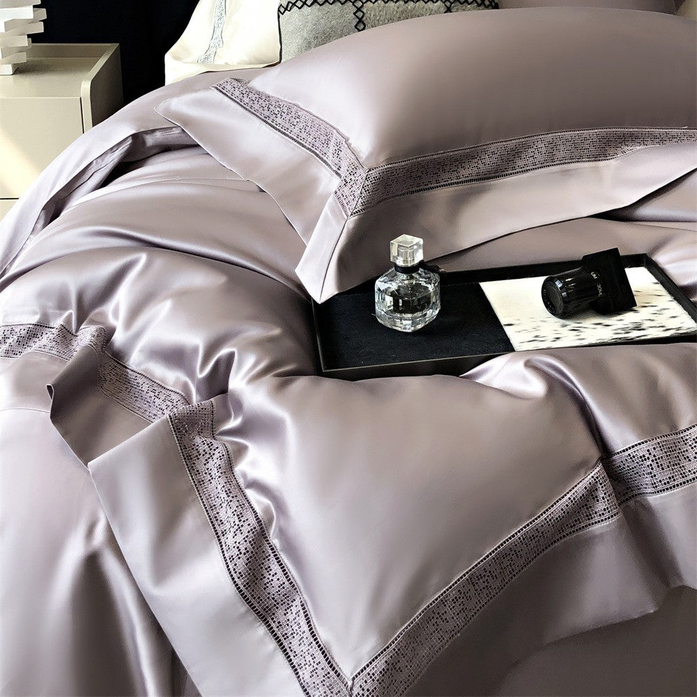 Premium-Baumwollsatin-Bettbezug-Set mit dekorativer Lochstickerei und verdecktem Hotelverschluss