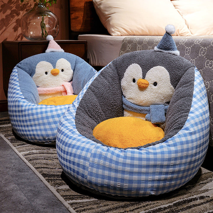Gemütliches Haustierbett mit Plüsch-Pinguin-Rückenstütze und ergonomischem Kuschelkissen