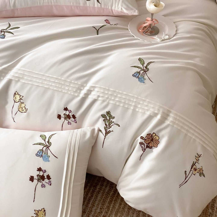 Bestickte Floral Baumwoll Bettbezug Set mit Wendbarem Satin-Gefühl Futter und Band-Bindung Kissenbezüge