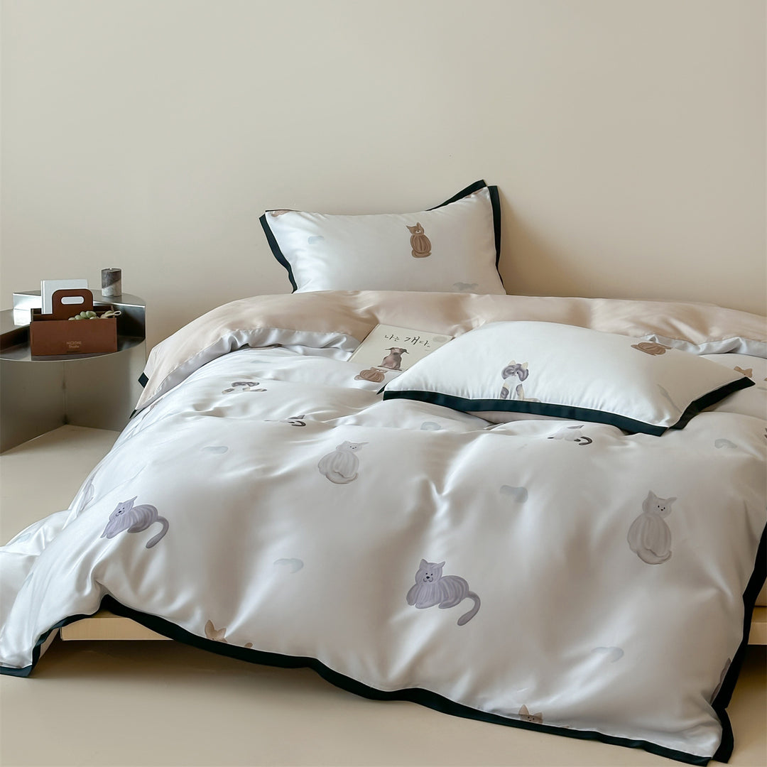 Luxuriöses Satin-Bettwäsche-Set mit floralem Aquarellprint, Volantkanten und Wendefunktion