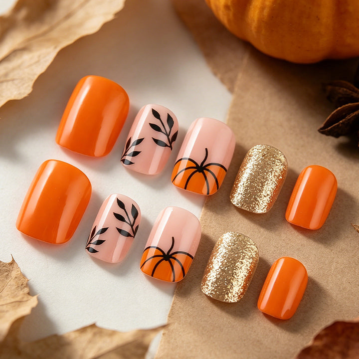 Dekorativer Press-On Nagelkunst-Set mit Kürbisdesign Karnz