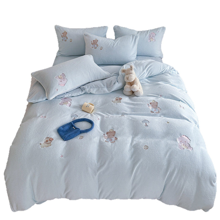 Kinder-Bettwäschegarnitur aus weichem Baumwoll-Fleece mit gestickten Teddybär-Motiven
