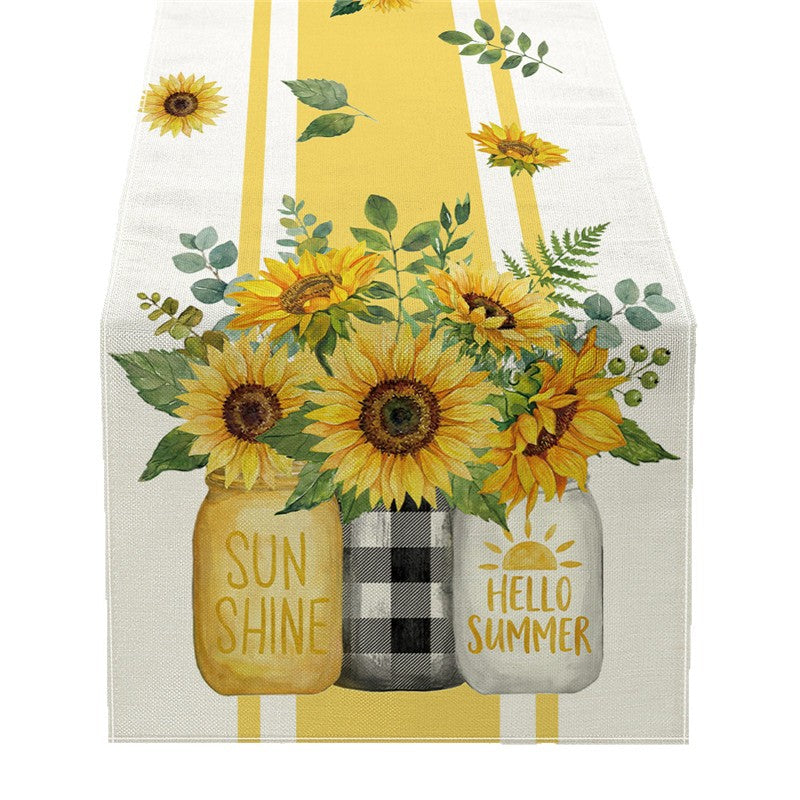 Baumwoll-Leinen Bauernhaus Tischläufer mit Sonnenblume & Bienen Aquarelldruck und gepunktetem Holzmaserung Rand