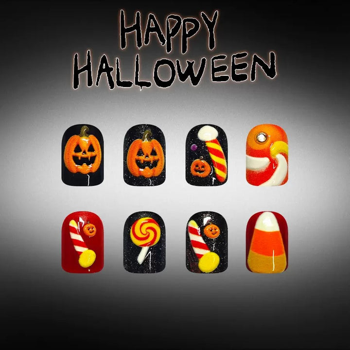 Halloween Kunstnagelset mit verspielten Kürbis- und Süßigkeitenmotiven Karnz
