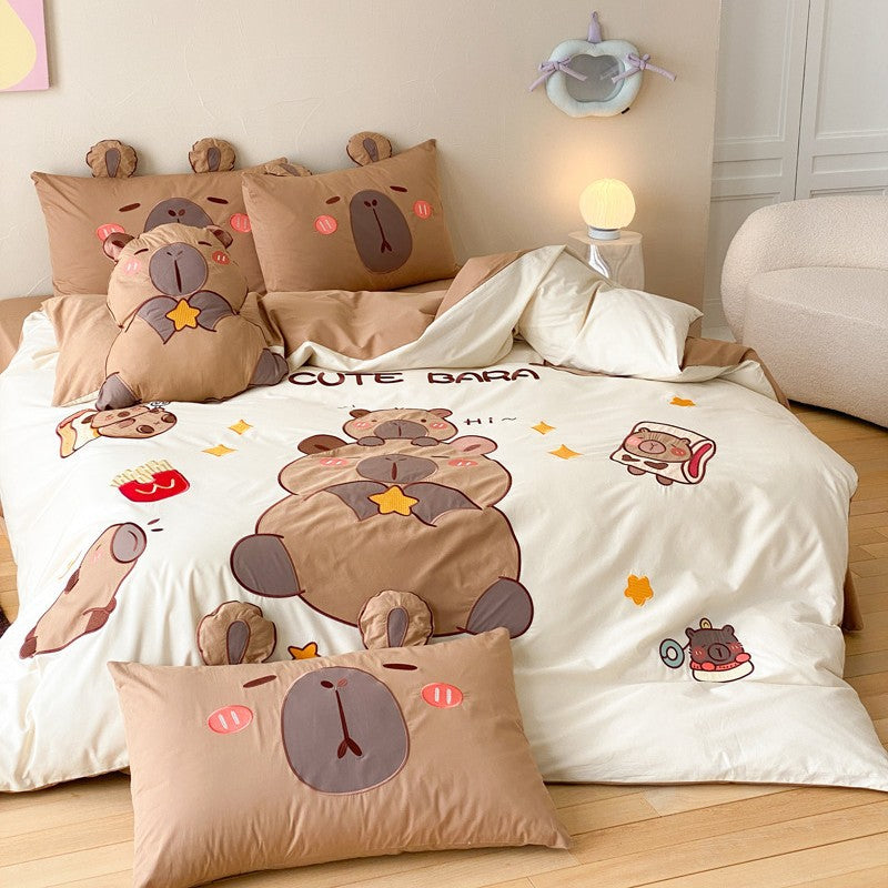 Kinder Cartoon Katze Baumwollsatin Bettbezug Set mit ohrförmigen Kissenbezügen und plüschigem Akzentkissen