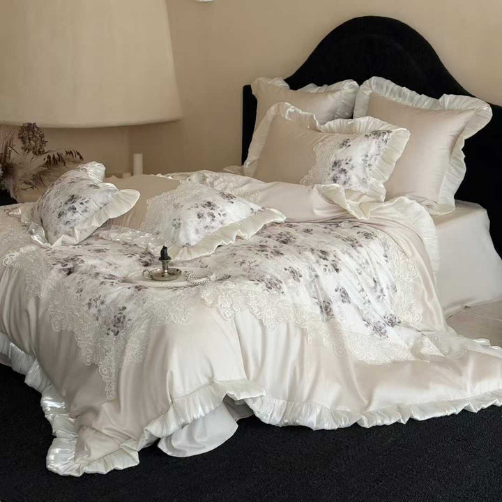 Florales Spitzen-Applikation Sateen Bettbezug Set mit Rüschensatinbesatz