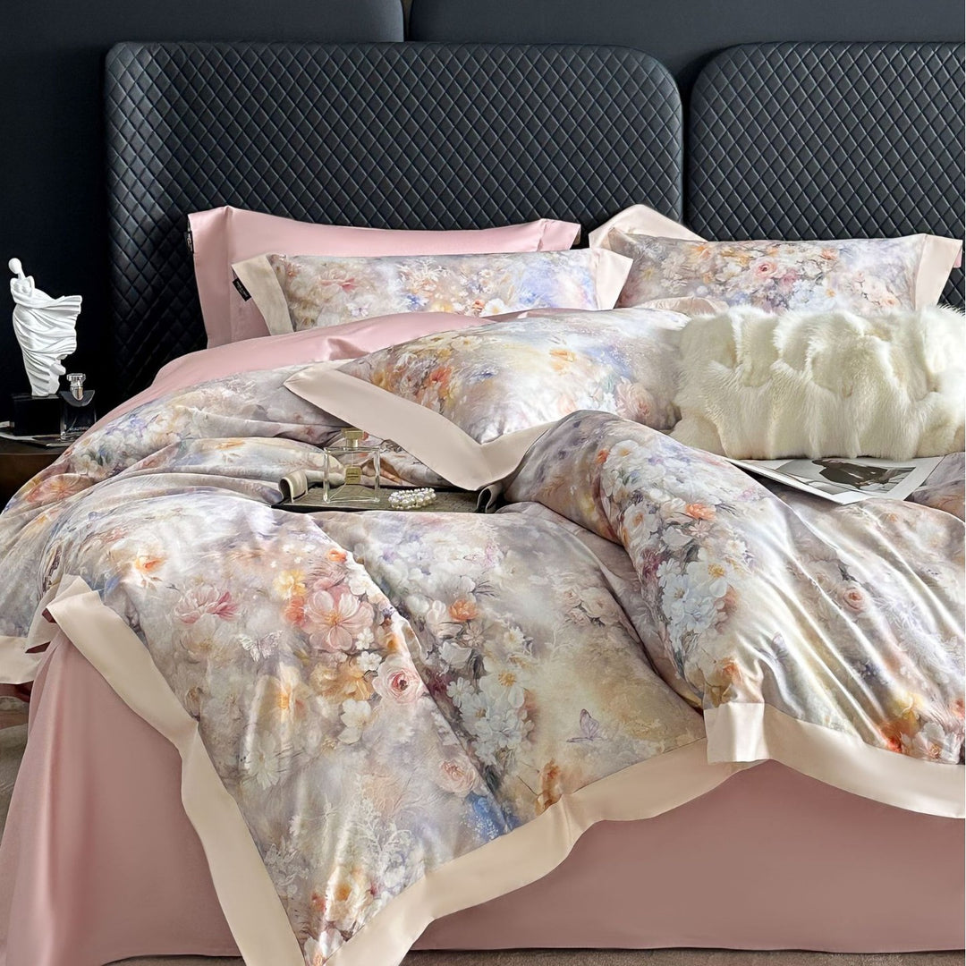 Seidene Blumen-Satin Bettbezug Set mit Satin Saum und Umschlagkissenbezügen