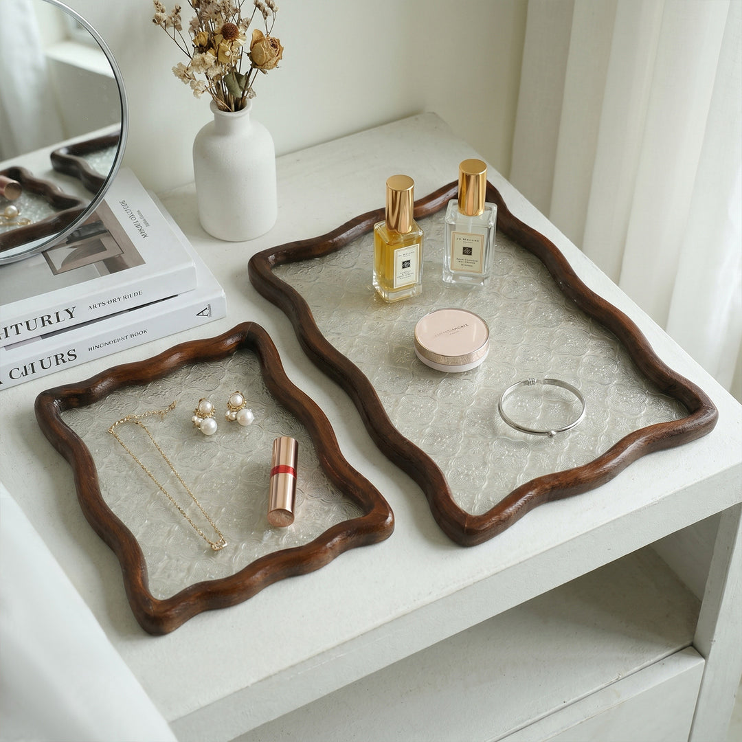 Eleganter Vintage Glas- und Holz-Dekoteller