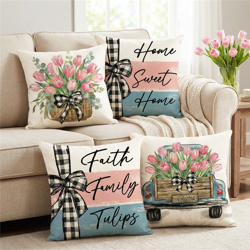 Dekorative Kissenbezug mit Leinenstruktur, quadratisch, mit Aquarell-Tulpenkorb-Druck und Gingham-Schleifenakzent
