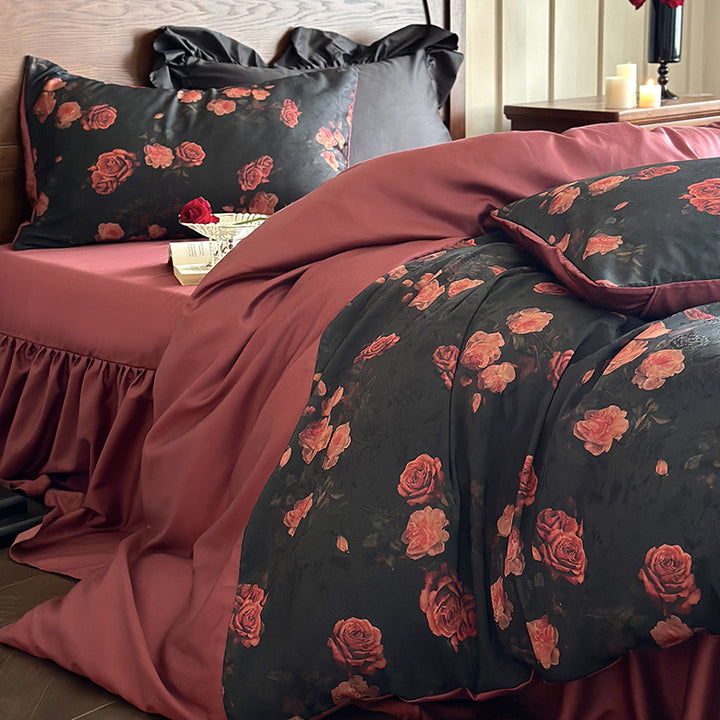 Luxuriöse Satin-Bettwäsche-Garnitur mit Rosenmuster und wendbarem Bezug