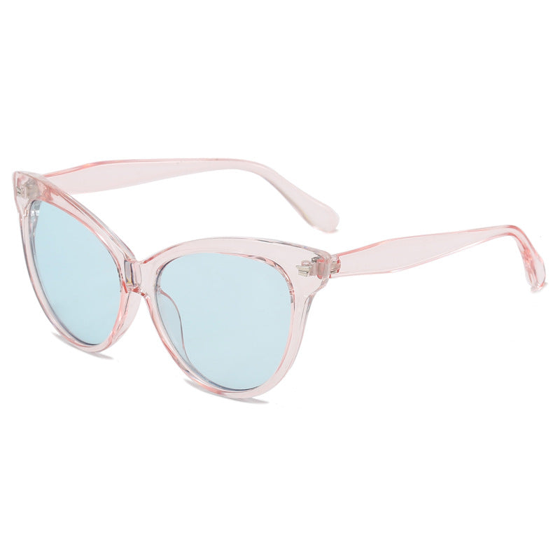 Damen modische Cat-Eye Sonnenbrille mit transparentem Rahmen und blauen Gläsern Karnz